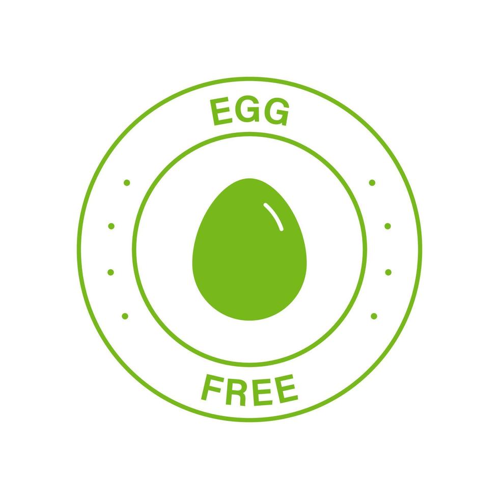 sello de círculo verde libre de gama de huevos. no hay icono de huevos orgánicos de pollo. ningún producto alérgico al huevo para la etiqueta vegana. símbolo de alimentos dietéticos seguros garantizados. logotipo de huevo gratis. ilustración vectorial aislada. vector