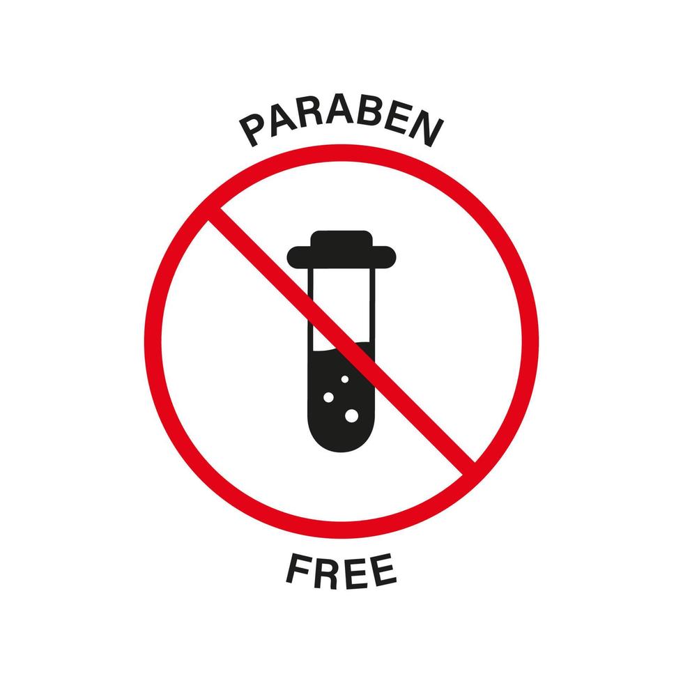 Paraben Free Silhouette Black Icon. Chemical Preservative Red Stop Sign. Forbidden Paraben in Food Symbol. Safety Eco Organic Cosmetic Bio Product Logo. No Plastic Label. Isolated Vector Illustration.