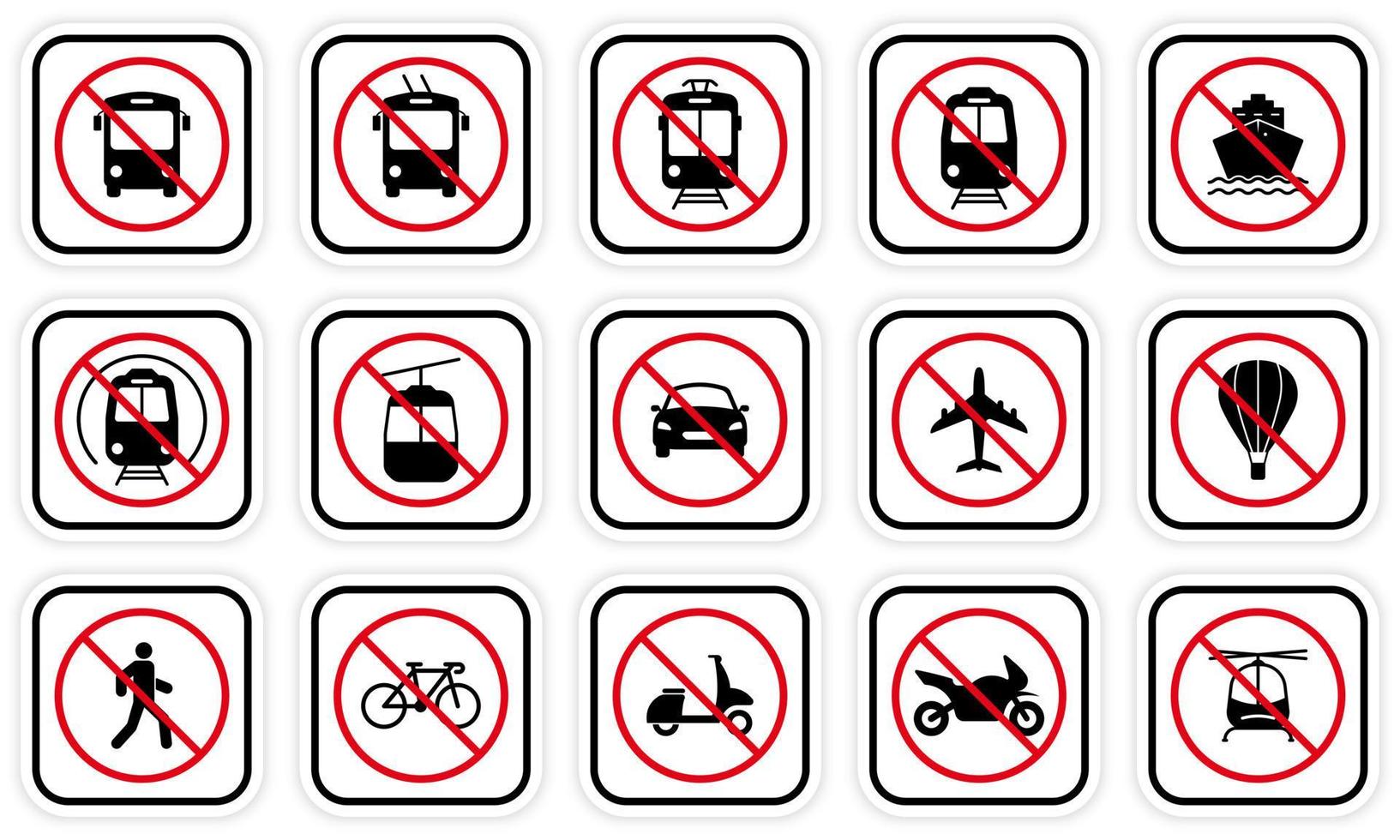 Forbidden Vehicle Car, Train, Bicycle, Trolley, Shuttle Bus, Tram, Bike, Motorcycle Silhouette Icon Set. Prohibited Road Red Stop Symbol. Ban Transport Black Pictogram. Isolated Vector Illustration.