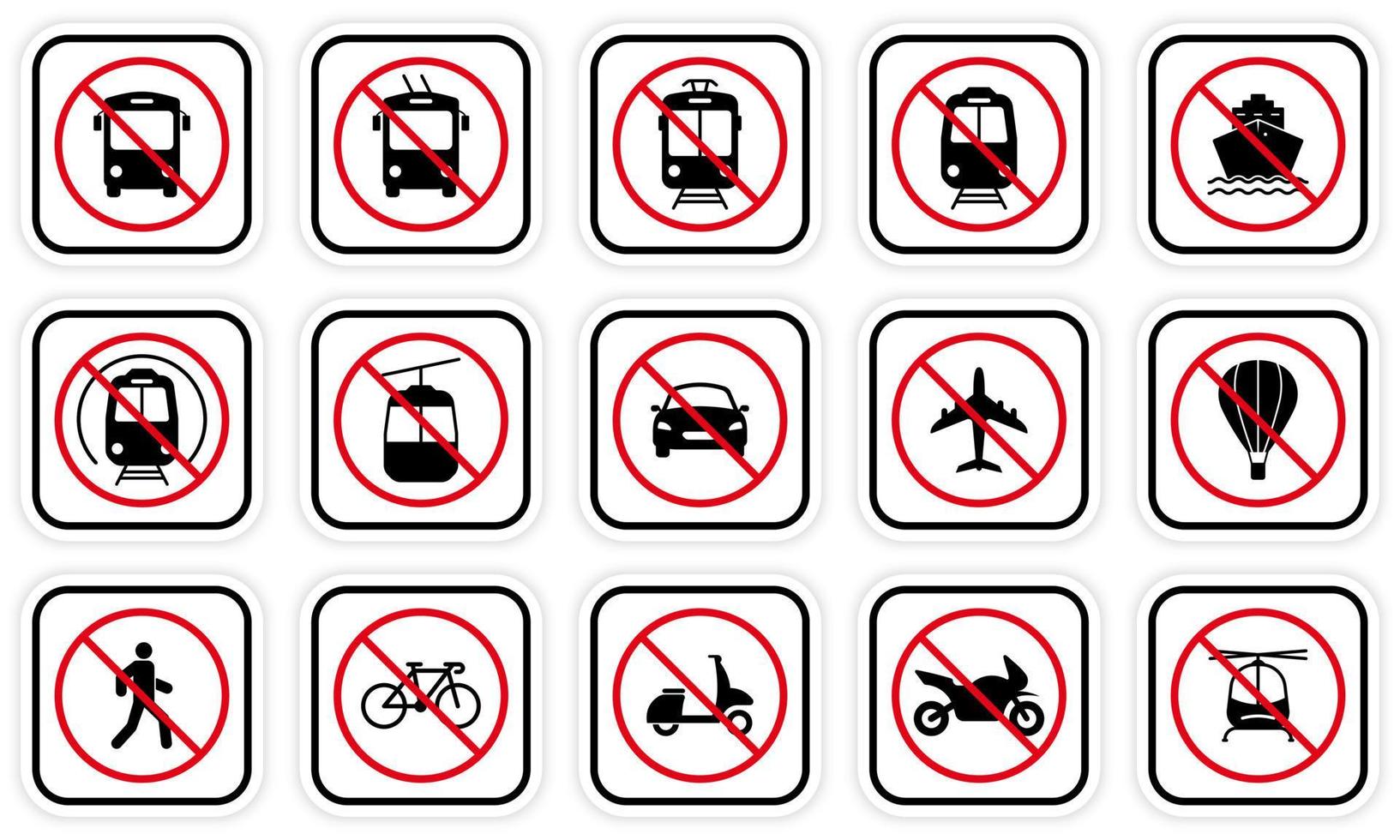 coche de vehículo prohibido, tren, bicicleta, trolebús, autobús lanzadera, tranvía, bicicleta, conjunto de iconos de silueta de motocicleta. símbolo de parada roja de carretera prohibida. prohibir el pictograma negro de transporte. ilustración vectorial aislada. vector