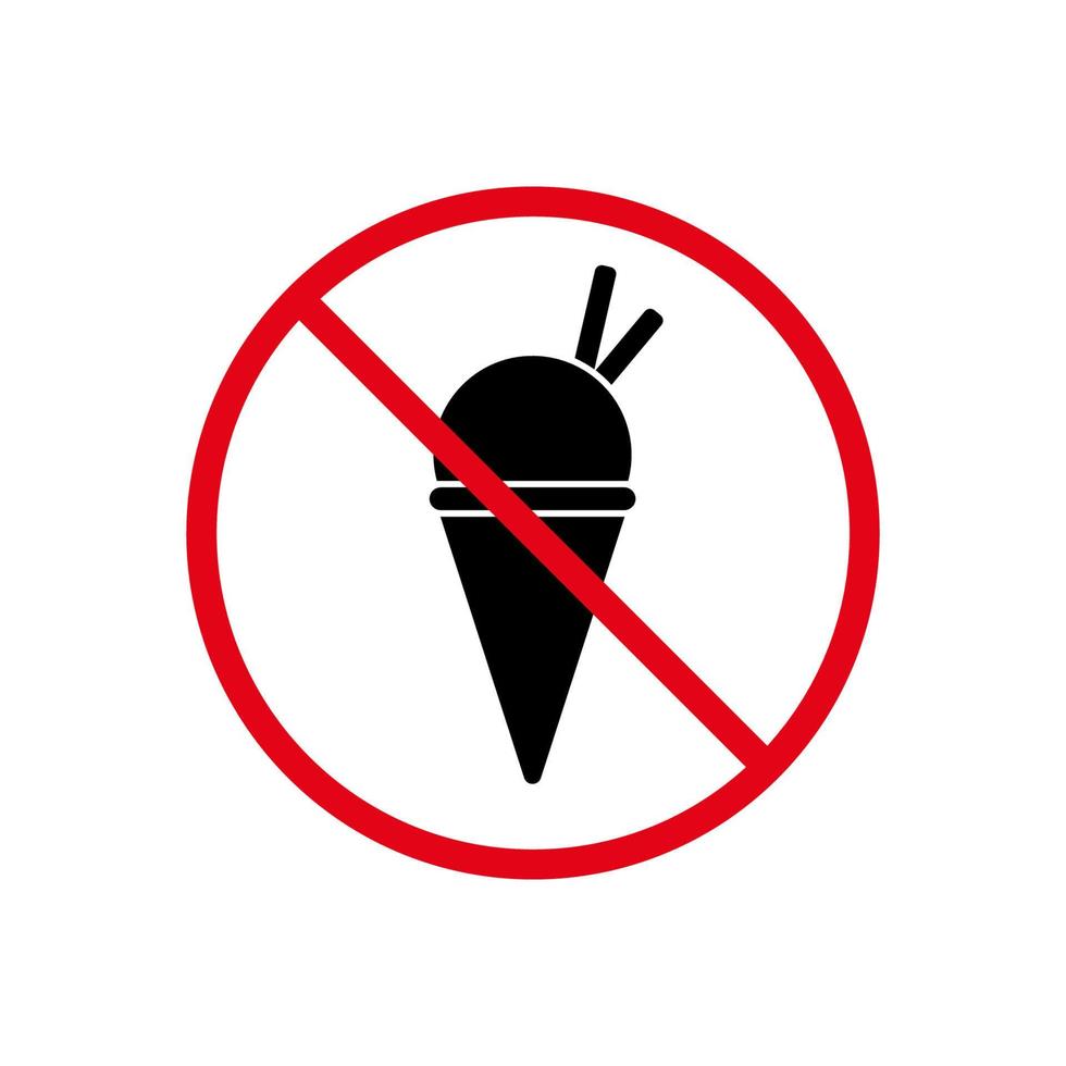 prohibir la entrada con helado en el icono de silueta negra de la regla del cono de waffle. prohibir el pictograma de helado. símbolo rojo de la zona de comida restringida. no se permite señal de información de helados. ilustración vectorial aislada. vector