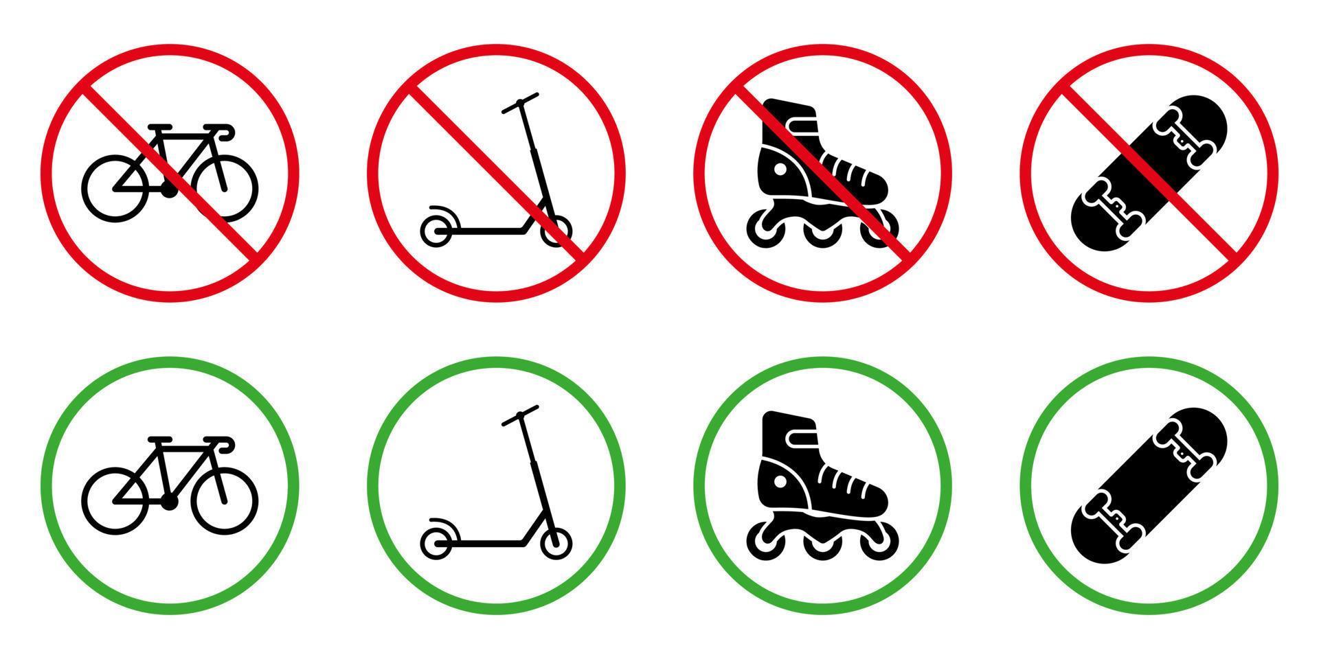Allowed Zone for Push Transport Sign Set. Forbid Roller Skate Board Kick Scooter Black Bicycle Silhouette Icon. Attention Prohibit Danger Area Wheel Transport Pictogram. Isolated Vector Illustration.