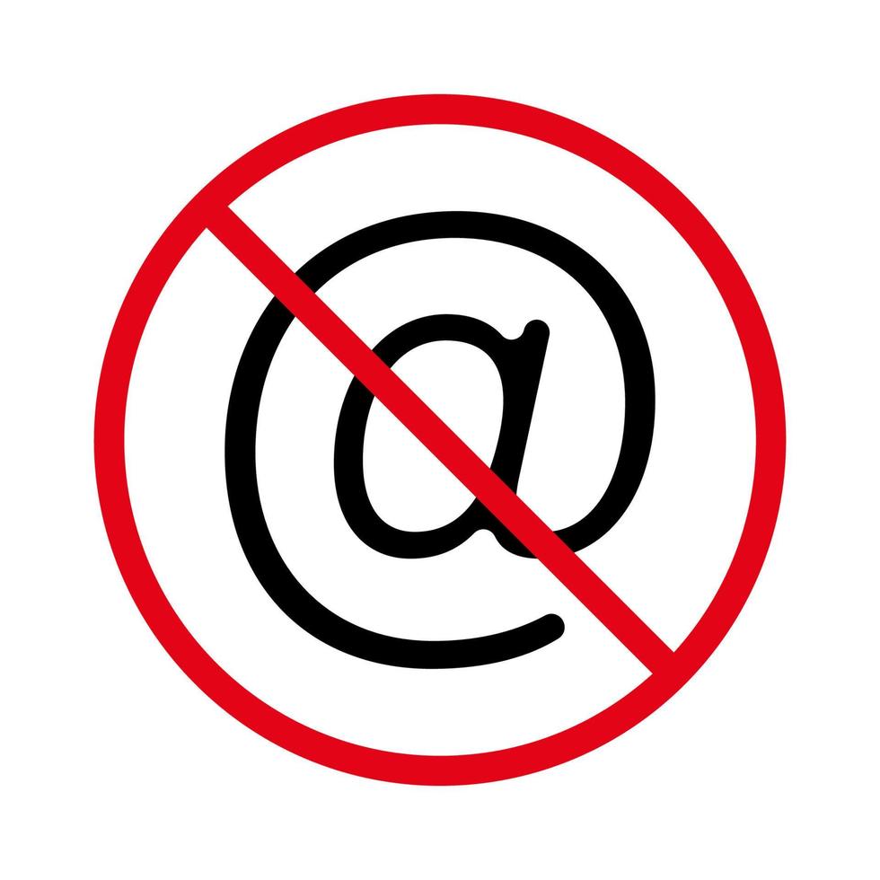 Ban Email Spam Black Silhouette Icon. Forbidden Mailing Text Pictogram. Mail Address Red Stop Circle Symbol. Caution No Allowed E-mail Spamming. Prohibited At Sign. Isolated Vector Illustration.