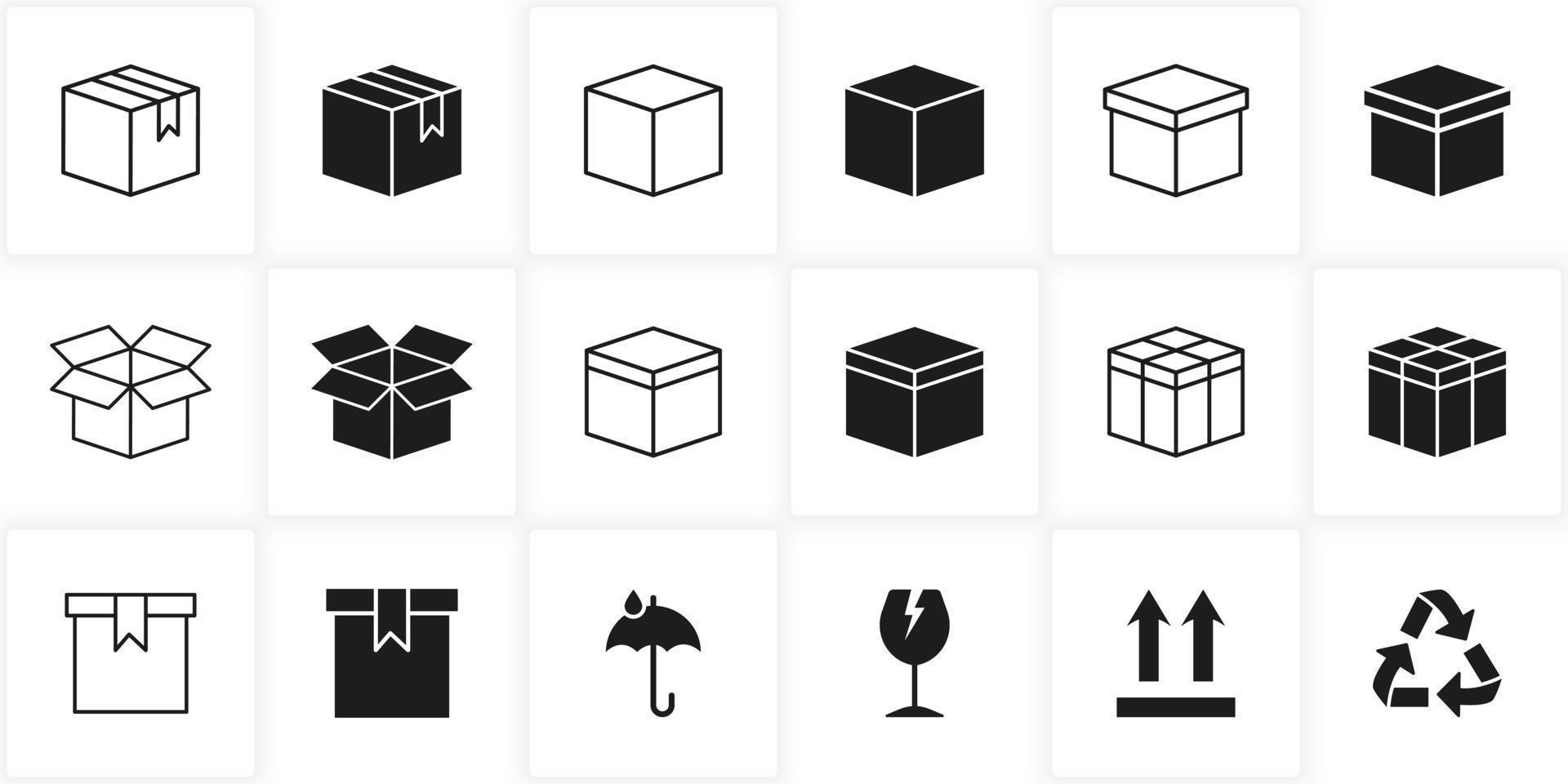 conjunto de iconos de línea y silueta de cajas de cartón. paquete con símbolo de reciclaje, vidrio, pictograma frágil. icono de colección de paquetes abiertos y cerrados. trazo editable. ilustración vectorial aislada. vector