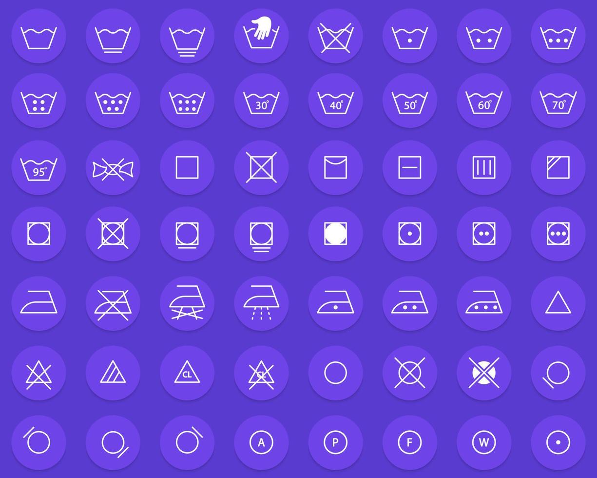 cuidado de la ropa y símbolo de información de lavado. lavar a máquina y a mano, secar, limpiar un paño de algodón, usar un icono de contorno de hierro. conjunto de iconos de línea de guía de lavandería. ilustración vectorial aislada. vector