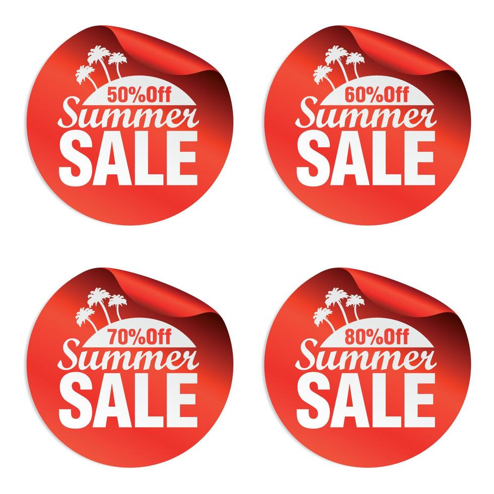 Red summer sale stickers 50, 60, 70, 80 percent off with island and palm trees vector