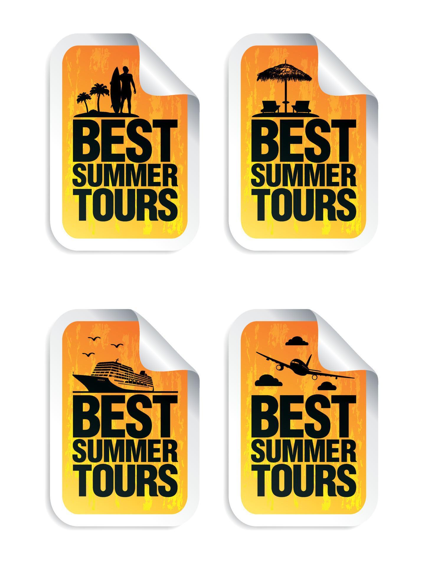 Best summer tours orange sticker set. Time to travel. Around the world
