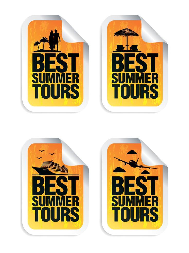 Best summer tours orange sticker set. Time to travel. Around the world vector