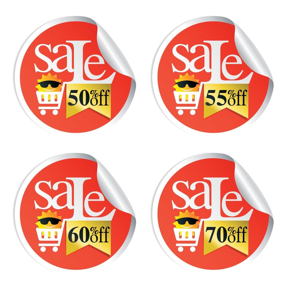 Sale summer stickers with shopping cart and funny sun 50,55,60,70 percent off vector