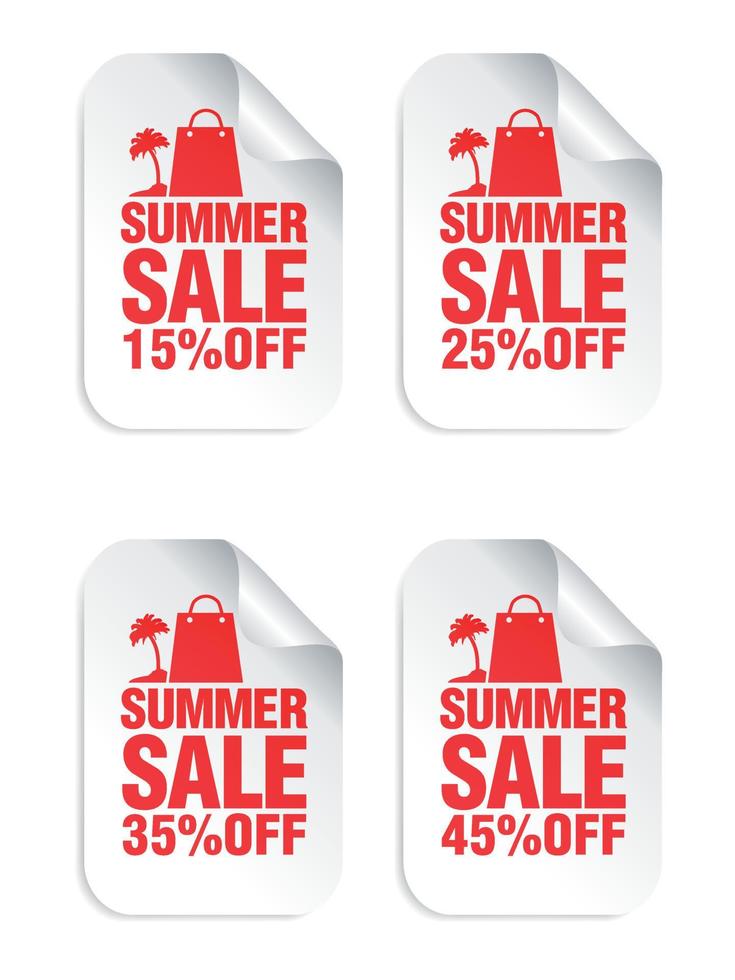 Summer sale white stickers set with shopping package and palm red icon . Sale stickers 15, 25, 35, 45 percent off vector