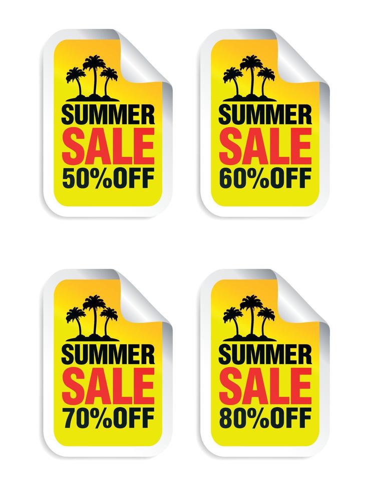 Summer Sale yellow sticker set. Sale 50, 60, 70, 80 percent off. Island with palm trees vector