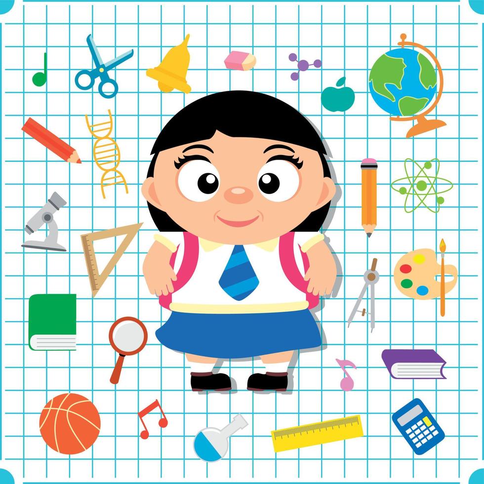 Back to school banner with girl, squared paper page background poster vector
