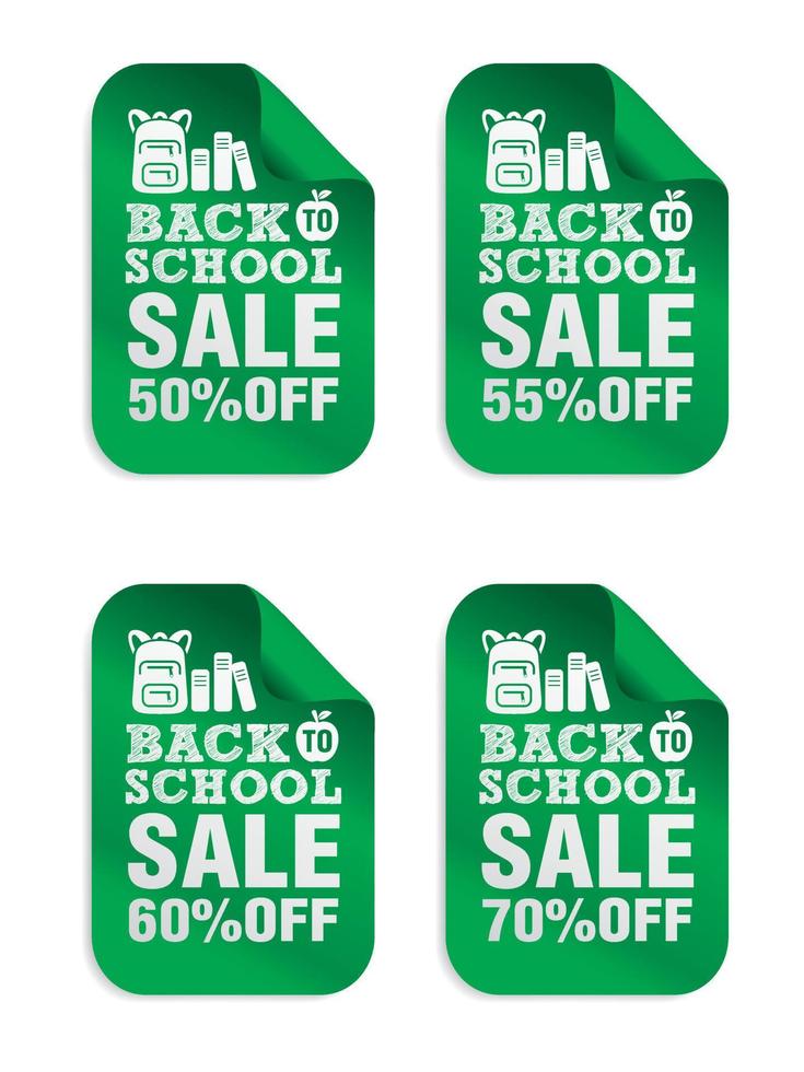 Back to school sale green stickers set 50, 55, 60, 70 percent off with microscope school bag vector