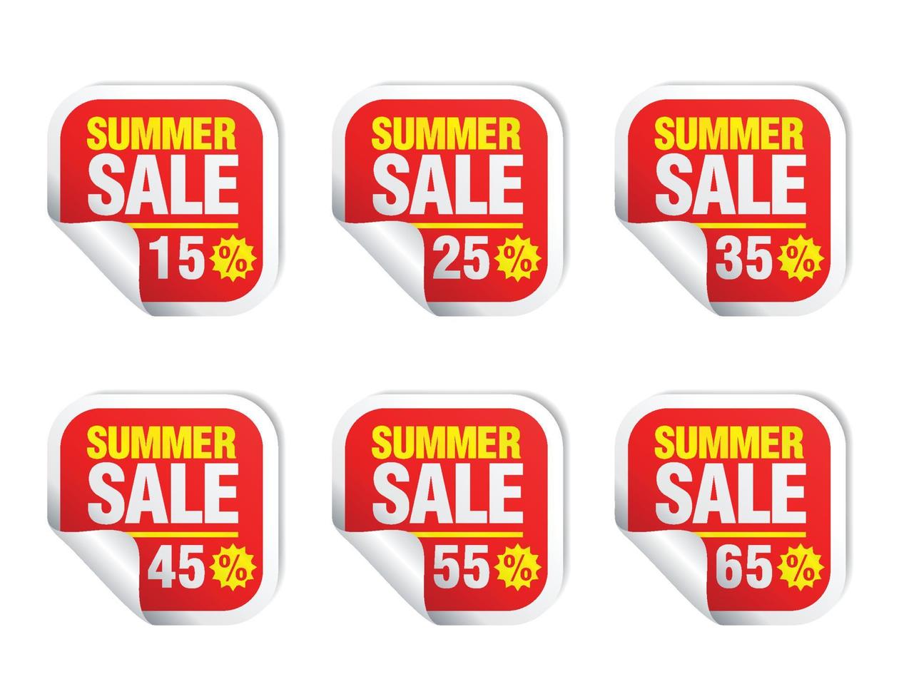 Summer Sale red sticker icon set. Sale 15, 25, 35, 45, 55, 65 percent off vector