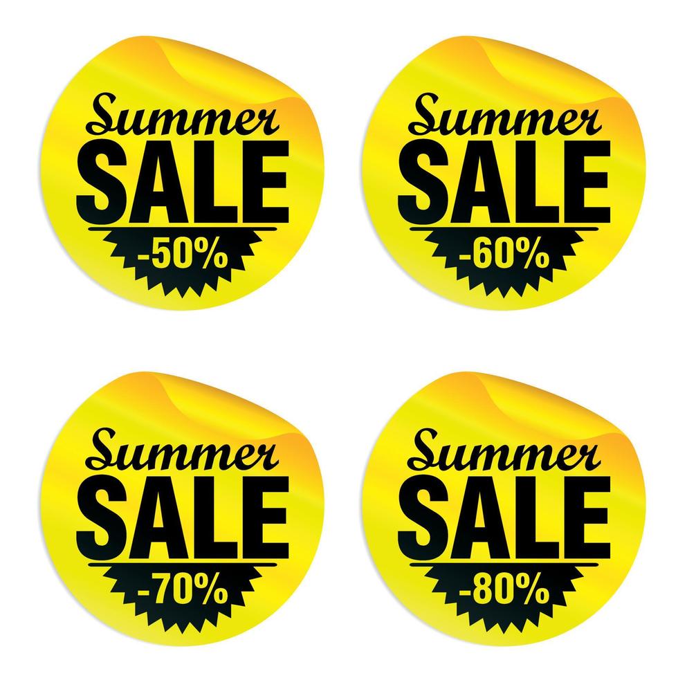 Summer sale yellow stickers set 50, 60, 70, 80 percent off vector