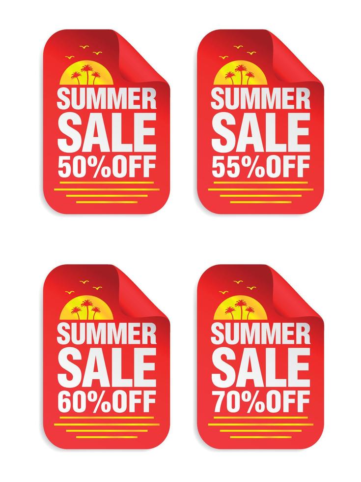 Summer Sale red sticker set. Sale 50, 55, 60, 70 percent off. Stickers with palms icon vector