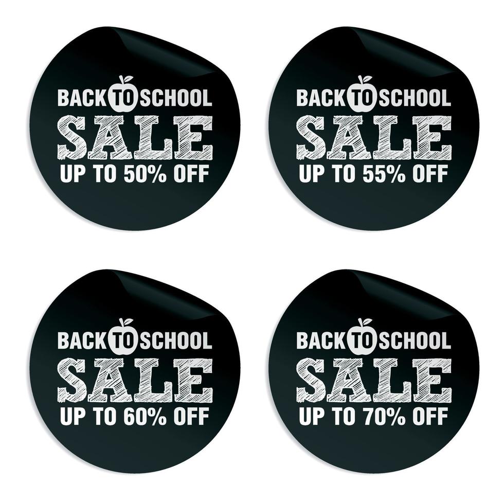 Back to school sale stickers set up to 50, 55, 60, 70 percent off vector