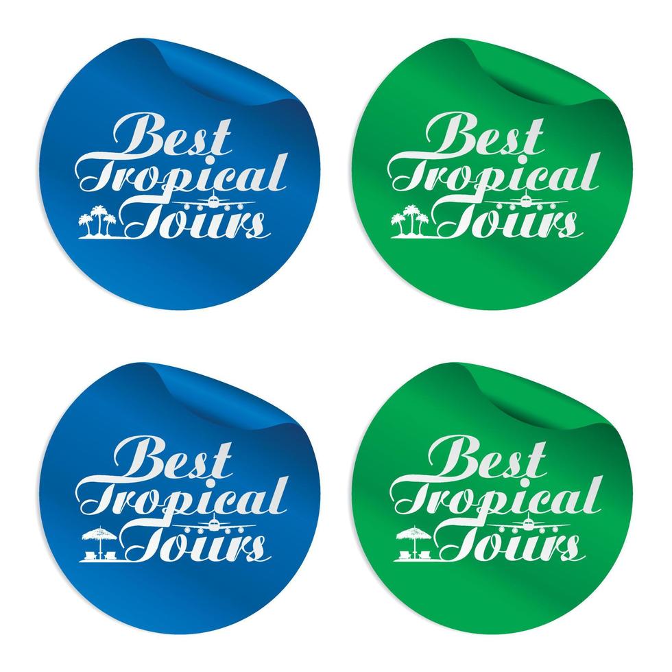 Best tropical tours blue, green stickers set vector