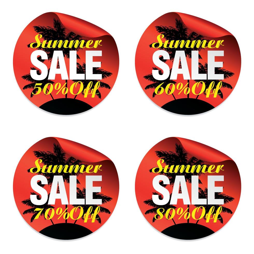 Summer red sale stickers set 50, 60, 70, 80 percent off with island with palm trees vector