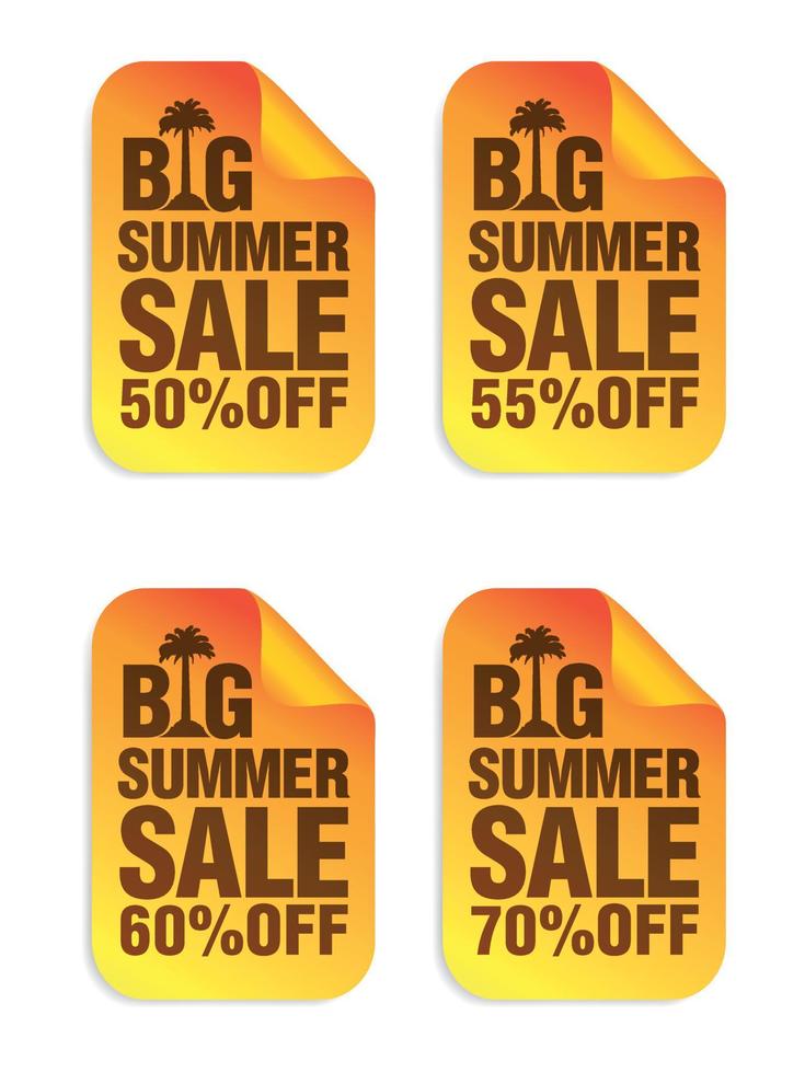 Big Summer sale orange stickers set. Sale stickers 50, 55, 60, 70 percentoff vector