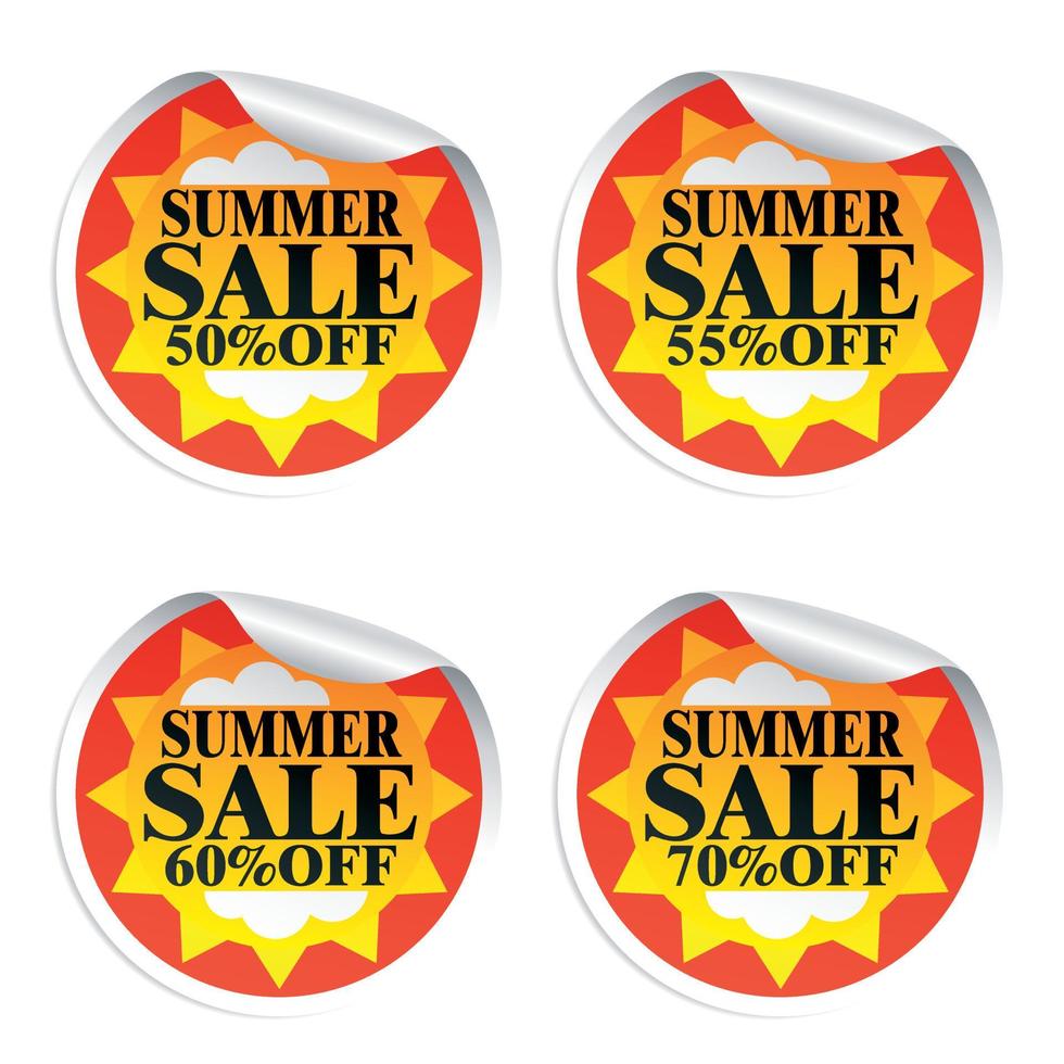 Summer sale stickers 50,55,60,70 with sun vector