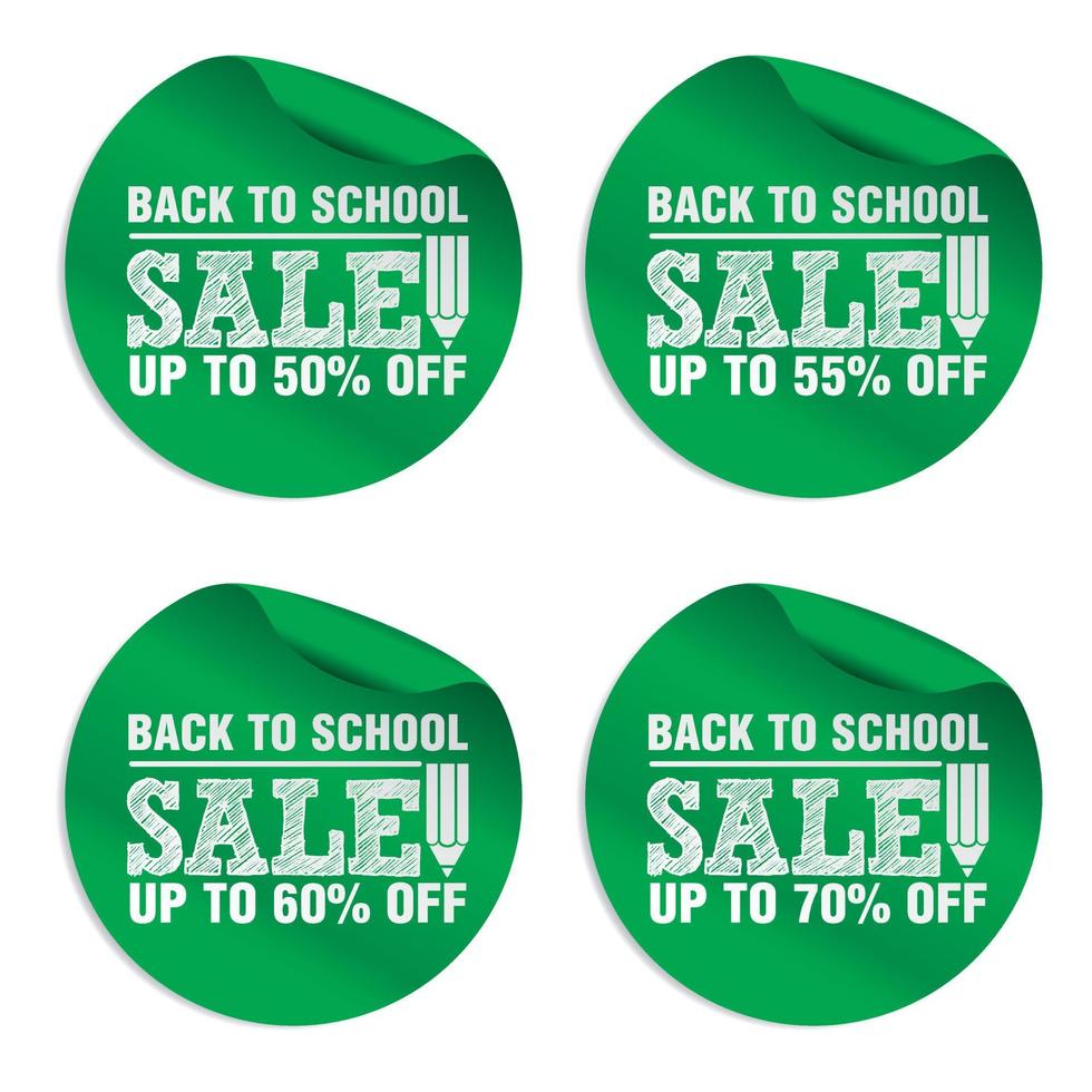Back to school green sale stickers set up to 50, 55, 60, 70 percent off vector