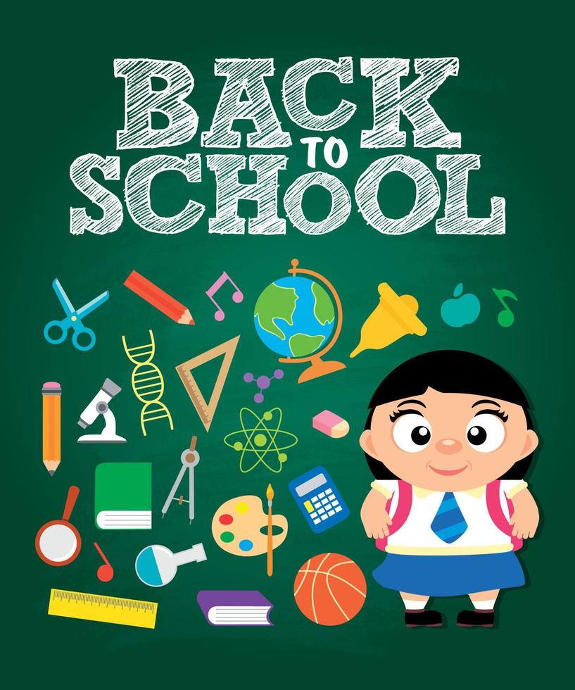 Back to school poster, banner with funny girl in school uniform vector