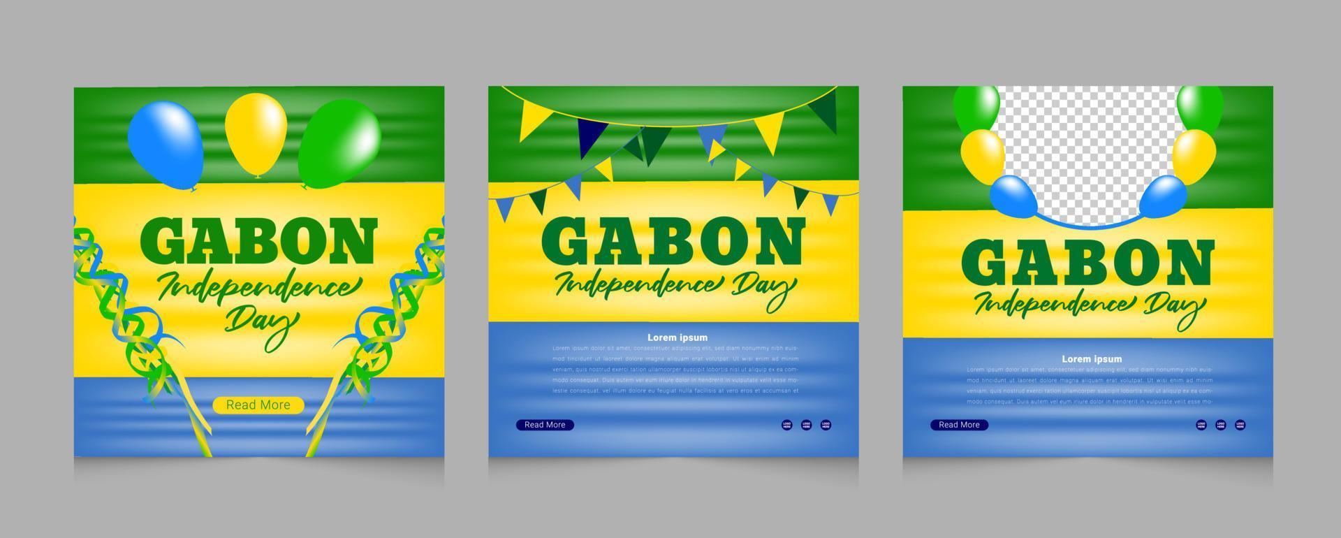 día de la independencia de gabón con cinta colorida y diseño geométrico de plantilla de banner de publicación en redes sociales vector