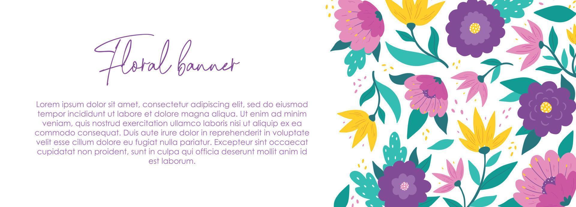 banner horizontal floral con flores y hojas abstractas. bueno para plantillas, pancartas, invitaciones, folletos, folletos, tarjetas, etc. eps 10 vector