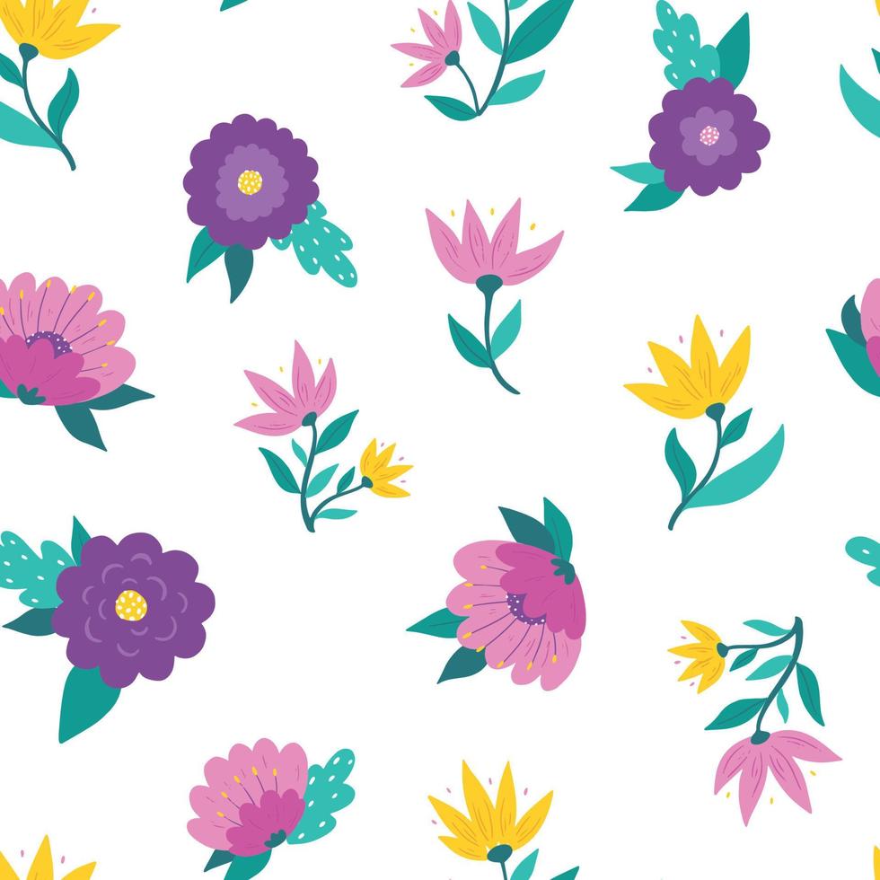 seamless pattern with hand drawn flowers and leaves on white background