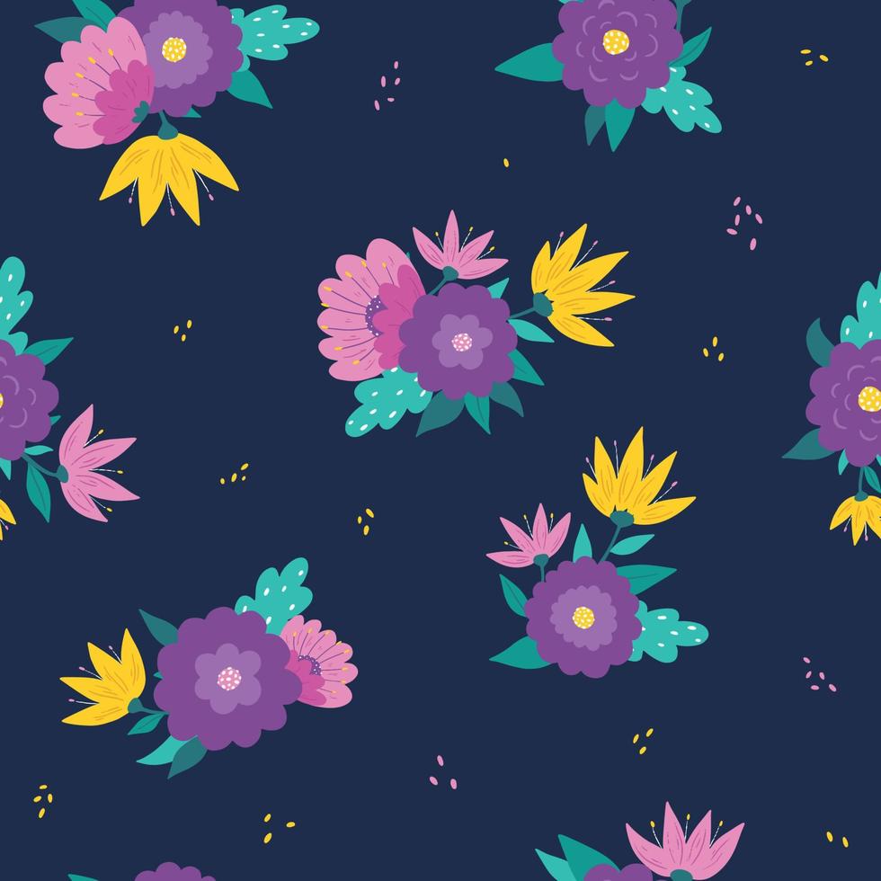 seamless pattern with flowers on blue background. Hand drawn abstract flowers and leaves for textile prints, scrapbooking, wallpaper, wrapping paper, sublimation, backgrounds, etc. EPS 10 vector