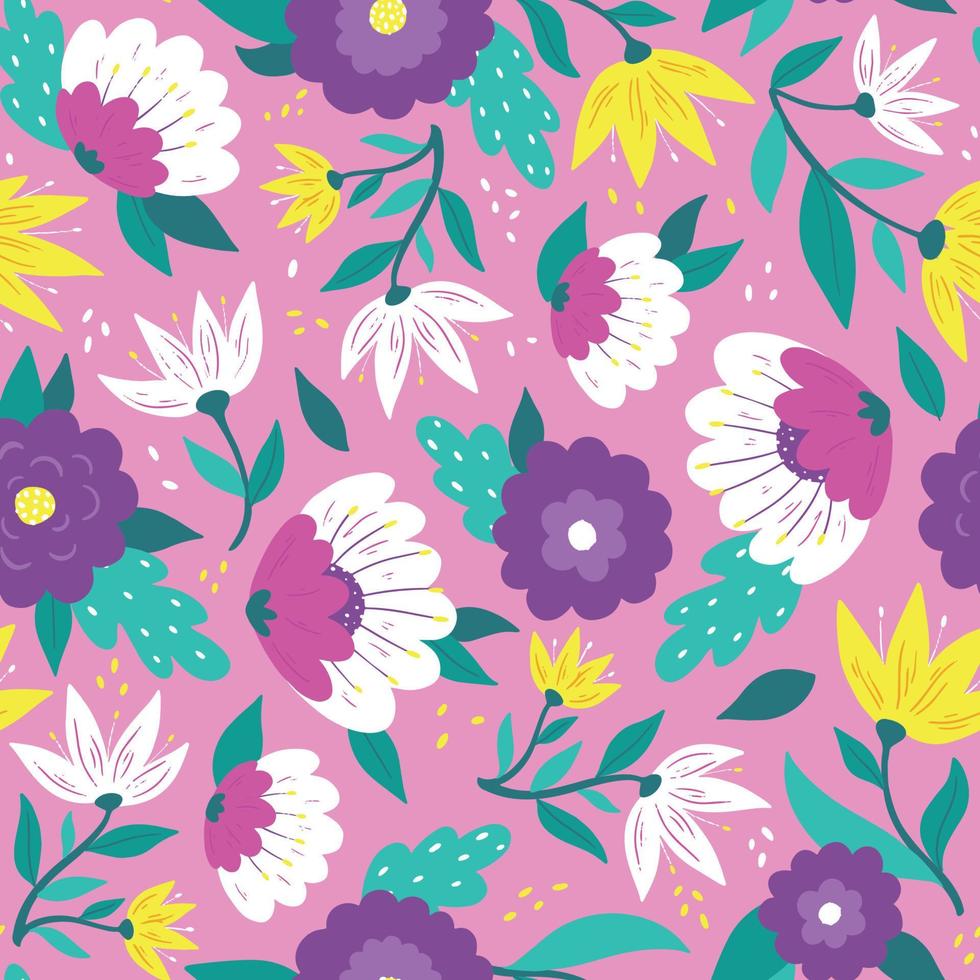 flowers and leaves seamless pattern on pink background. Wrapping paper, wallpaper, scrapbooking, stationary, textile print, background decor. EPS 10 vector