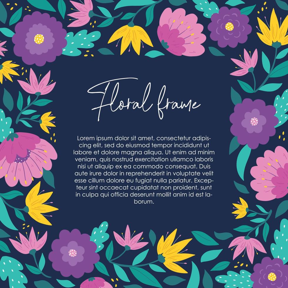 floral frame with abstract flowers and leaves on blue background. Good for templates, invitations, posters, prints, signs, cards, etc. EPS 10 vector