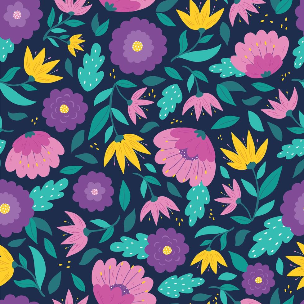 floral seamless pattern. Surface print design with abstract flowers and elaves on dark blue background. Textile, wrapping paper, wallpaper, background, stationary, scrapbooking, bedding, kids apparel. vector