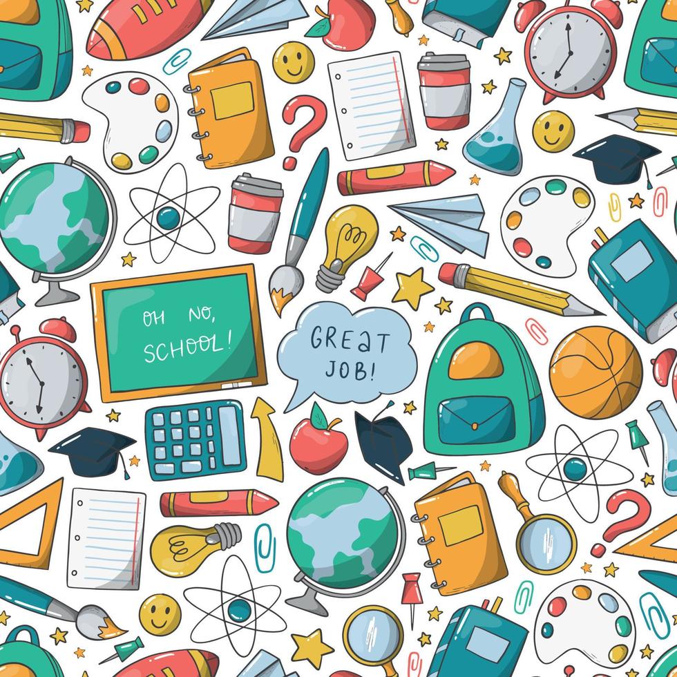 school seamless pattern with hand drawn doodles, cartoon, supplies on white background. Wrapping paper, scrapbooking, stationary, packaging, textile prints, etc. Back to school theme. EPS 10 vector