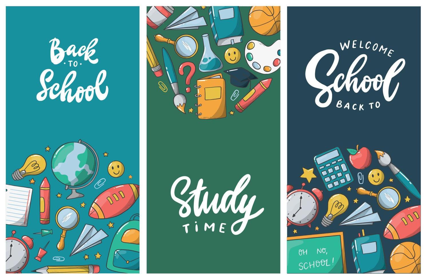 Set of school vertical banners decorated with doodles and lettering quotes. Good for posters, prints, cards, invitations, templates, bookmarks. Back to school theme. EPS 10 vector