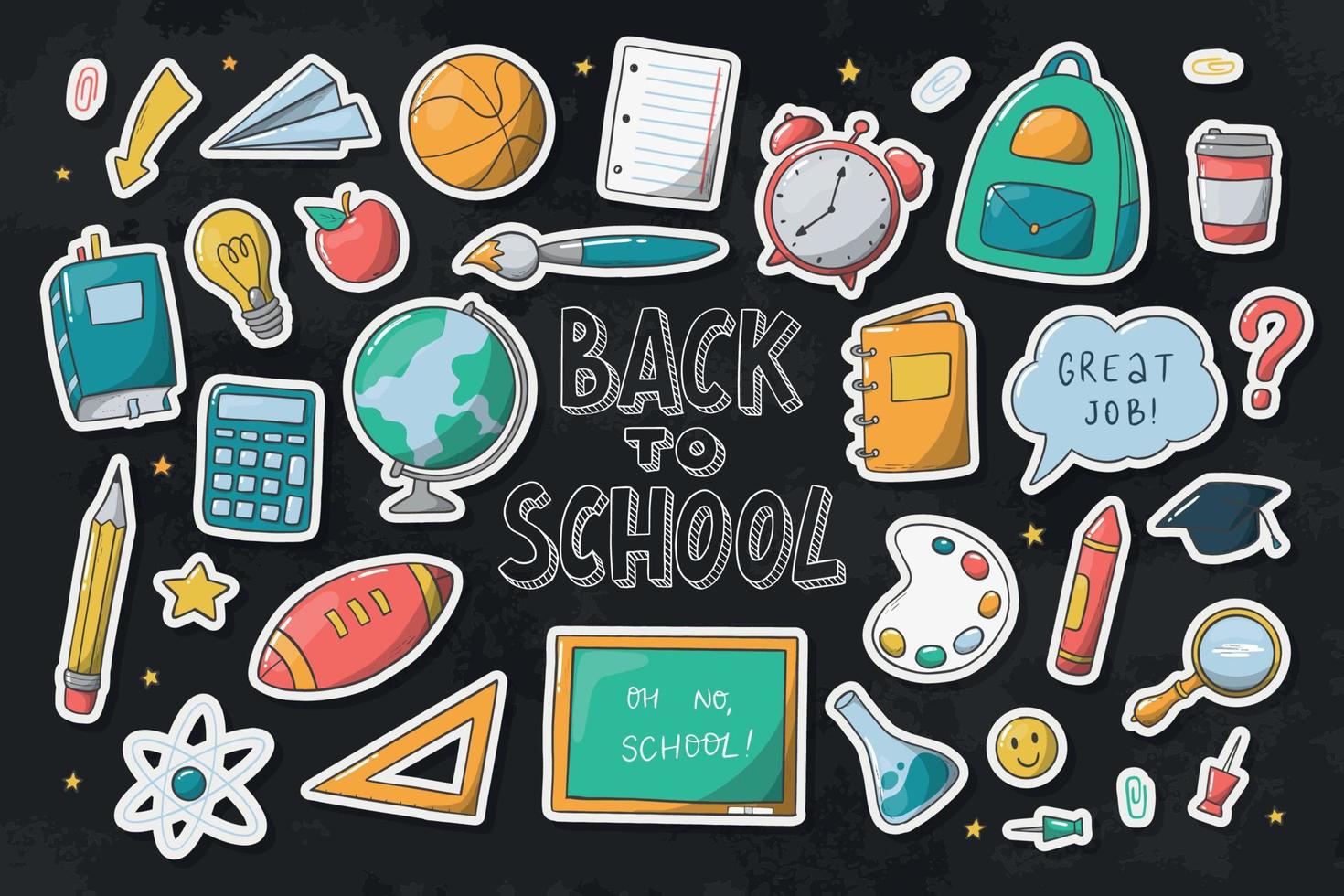 Set of school stickers with white edge isolated on blackboard background. Good for sublimation, prints, cards, planners, magnets, stationary, apparel decor. Back to school theme. EPS 10 vector