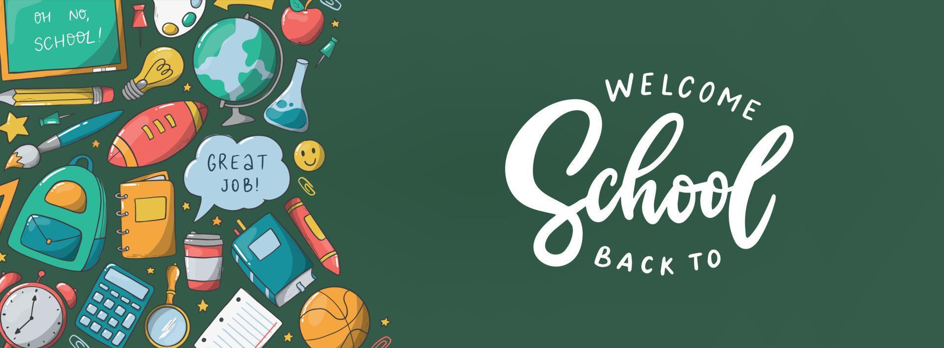 School banner for social media, prints, poster, cards, etc decorated with lettering quote and hand drawn doodles on green chalkboard background. EPS 1 vector