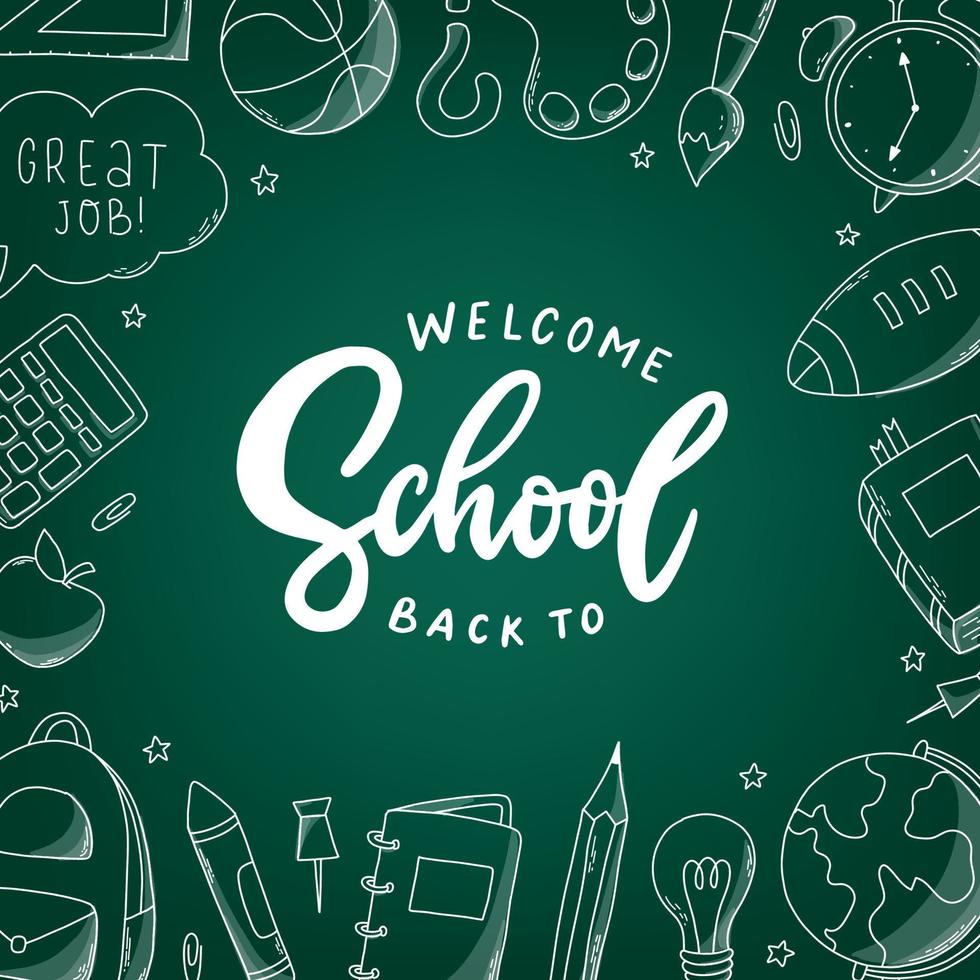 Back to school lettering quote decorated with frame of doodles on green chalkboard background. Template, greeting card, poster, print, banners, etc. EPS 10 vector
