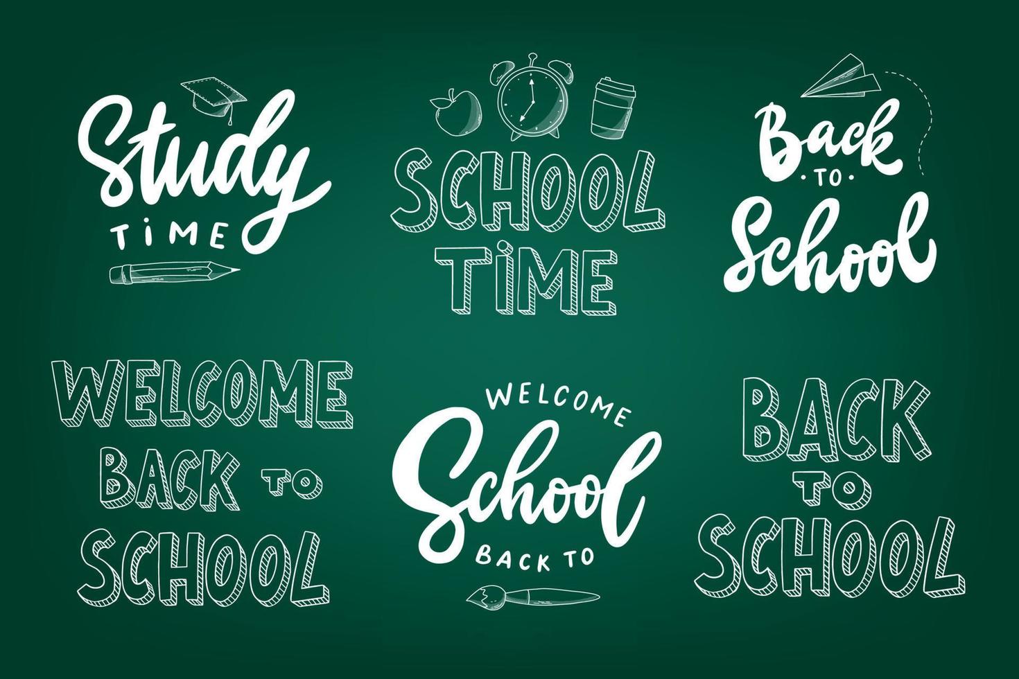 set of 6 school lettering quotes decorated with doodles on green background. Good for stickers, prints, cards, sublimation, posters, banners, planners, invitations etc. EPS 10 vector