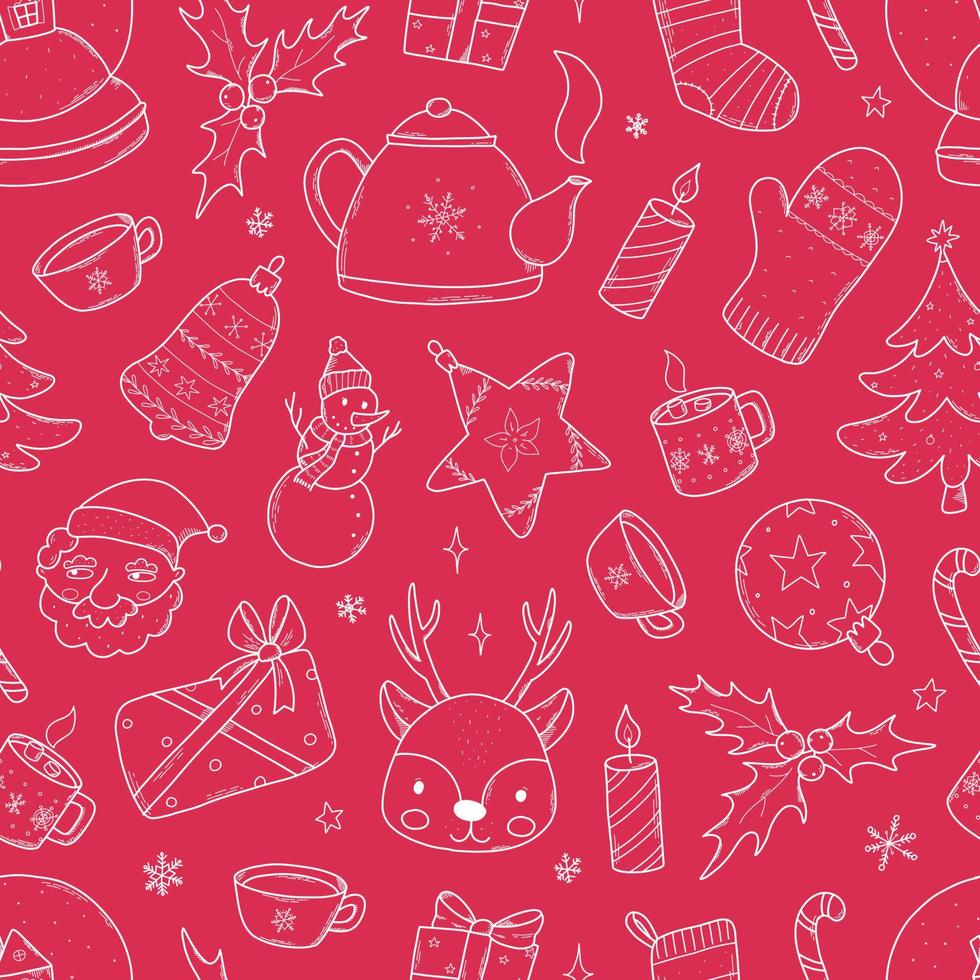 Christmas seamless pattern with sketched white doodles on red background. Good for posters, prints, wrapping paper, scrapbooking, wallpaper, backgrounds, stationary. EPS 10 vector