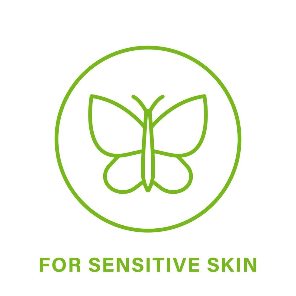 Dermatology for Sensitive Skin Line Green Icon. Tested for Hypoallergenic Type of Face Skin Outline Pictogram. Dermatologically Icon. Butterfly Symbol of Sensitive Skin. Isolated Vector Illustration.
