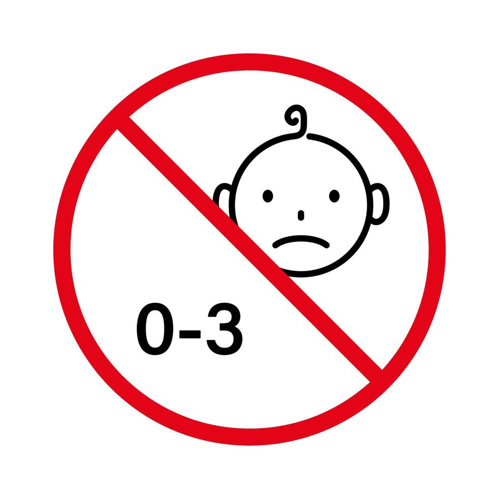 Forbidden Child Under Three Year Pictogram. Prohibit Not Suitable for Kid Red Stop Circle Symbol. Ban Baby Age 3 Years Black Line Icon. No Allowed Danger Toy Sign. Isolated Vector Illustration.