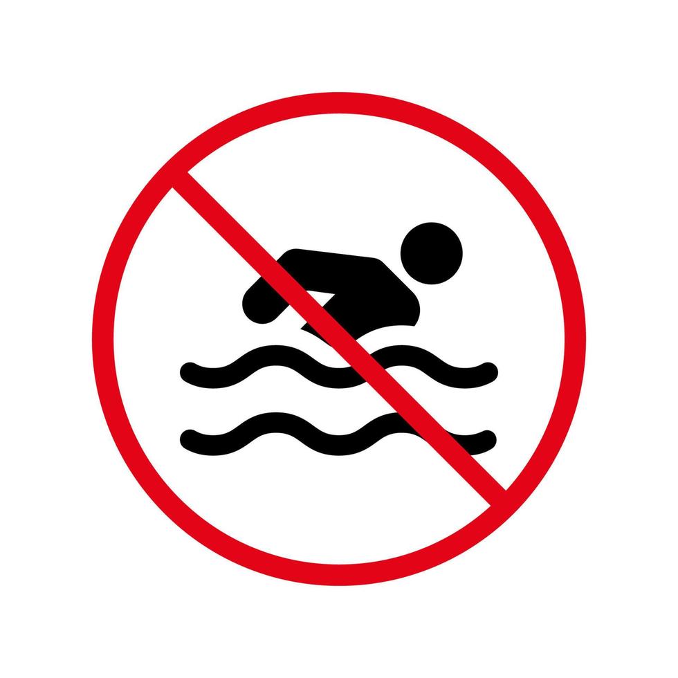 icono de silueta negra de zona de baño de prohibición de señal de advertencia. precaución prohibir el pictograma de la playa de la zona de baño de peligro. no se permiten inmersiones en aguas profundas símbolo de círculo de parada roja. prohibir la zona de baño. ilustración vectorial aislada. vector