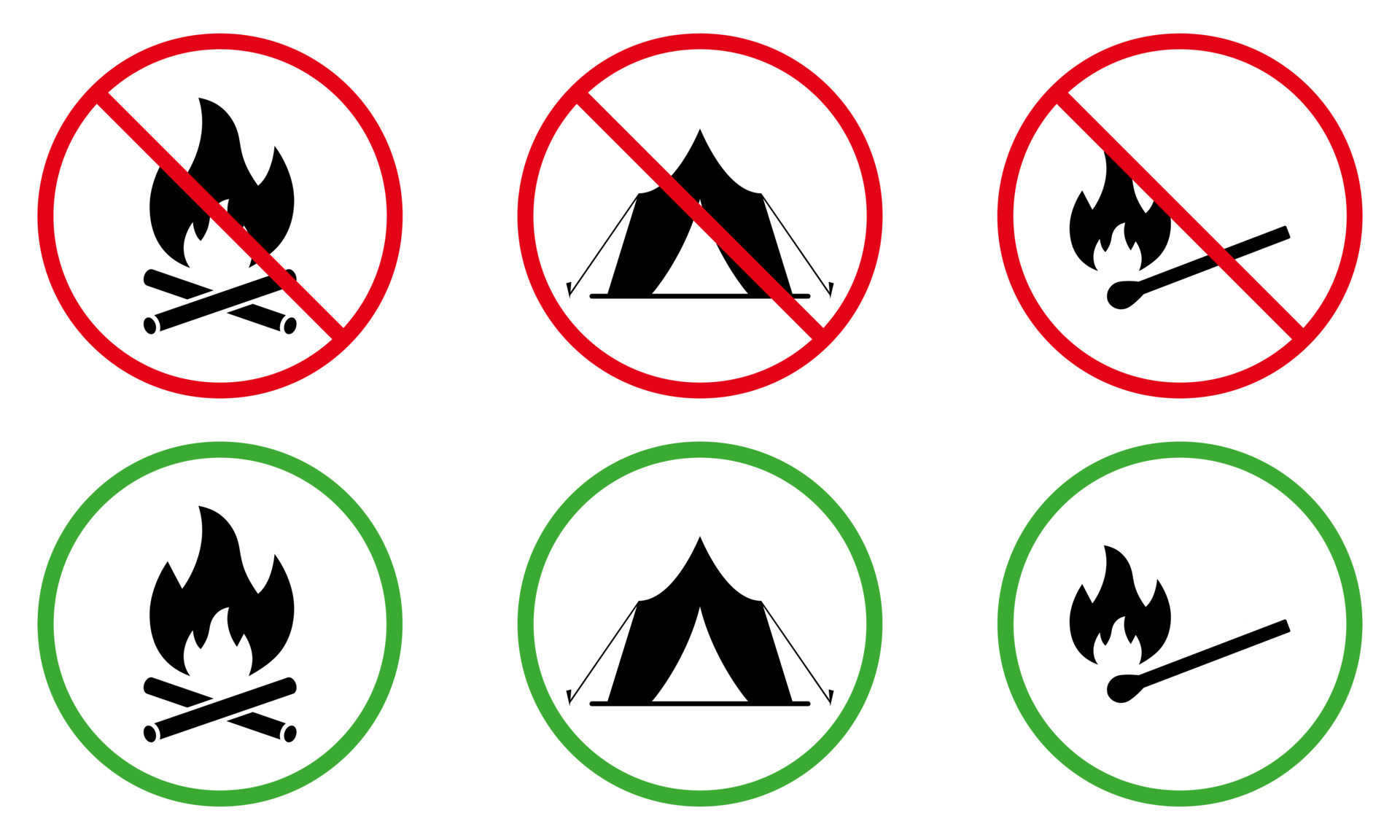 Camping Fire Allowed Zone Black Silhouette Icon Set. Forbidden Campfire