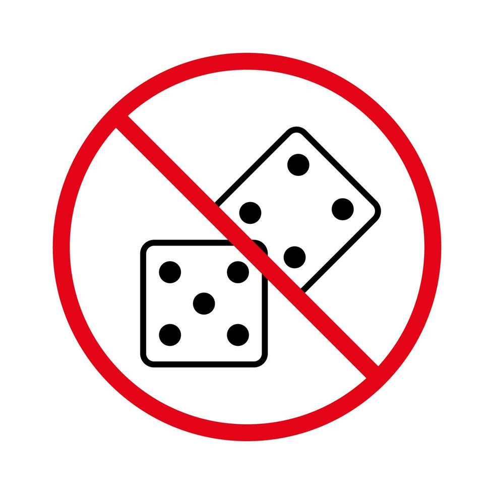 prohibir el icono de línea negra de dos dados. pictograma de apuesta de juego prohibido. no se permite el signo de juego de dados. backgammon prohibido. Juega el símbolo de esquema de parada roja de riesgo de cubo. ilustración vectorial aislada. vector