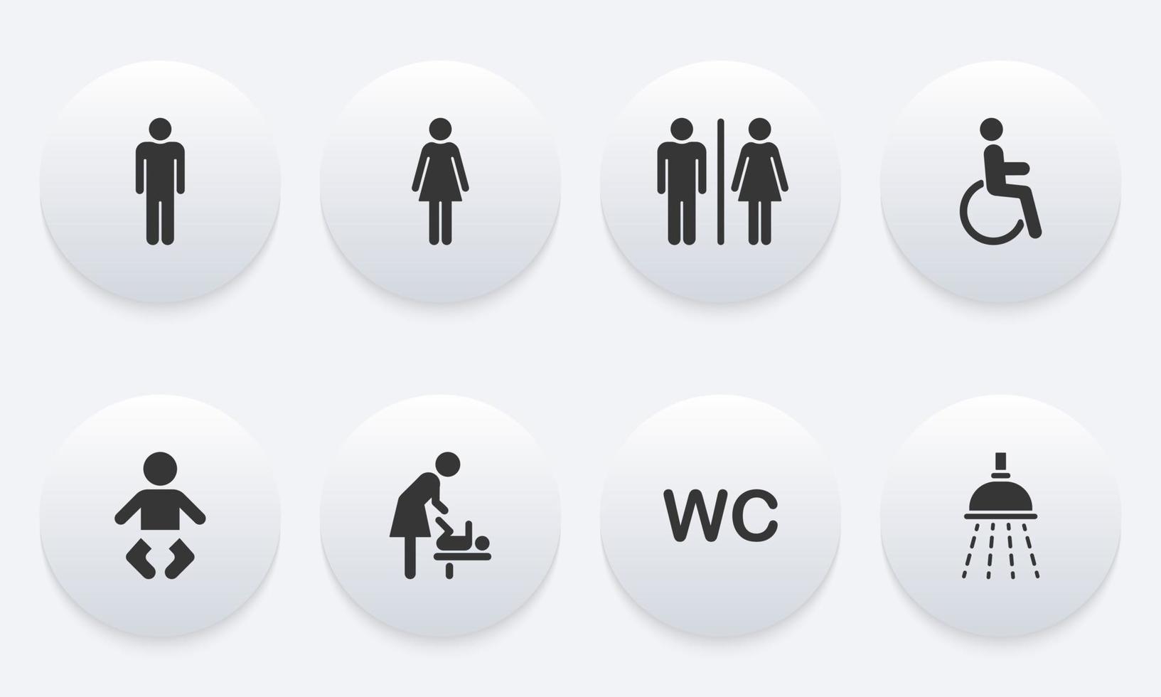 Set of Toilet Silhouette Icon. Mother and Baby Room Icon. WC Sign on Door for Public Toilet. Sign of Washroom for Male, Female and Children. Symbols Restroom. Vector Illustration