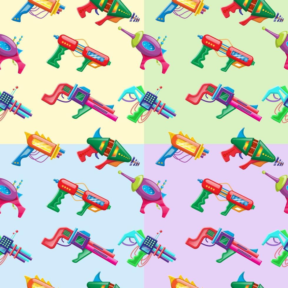 Four color vector cartoon style seamless pattern of kids colorful blasters.