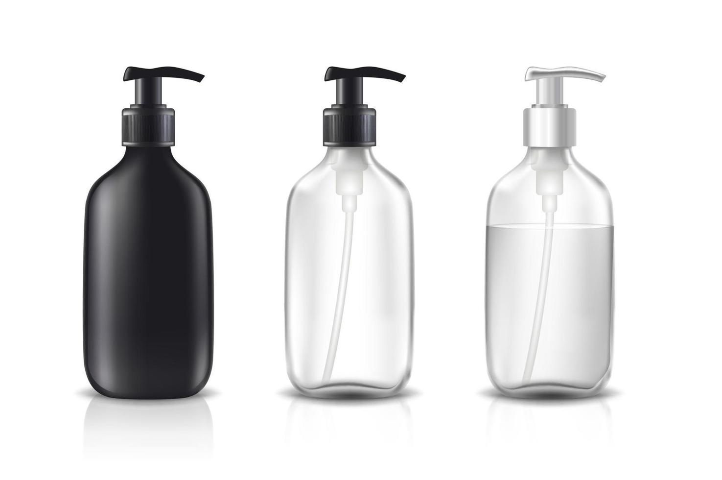 Botellas cosméticas vectoriales 3d realistas en vidrio negro, blanco y transparente. vector