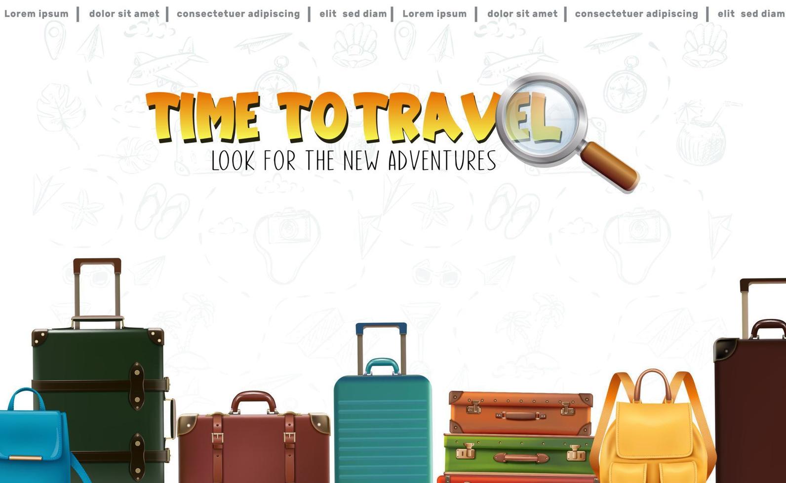 Vector lets travel background with luggage and backpacks in the row.